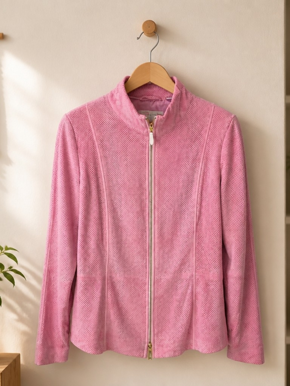 Vintage Dana Buchman Pink Perforated Suede Jacket with Gold Zipper
